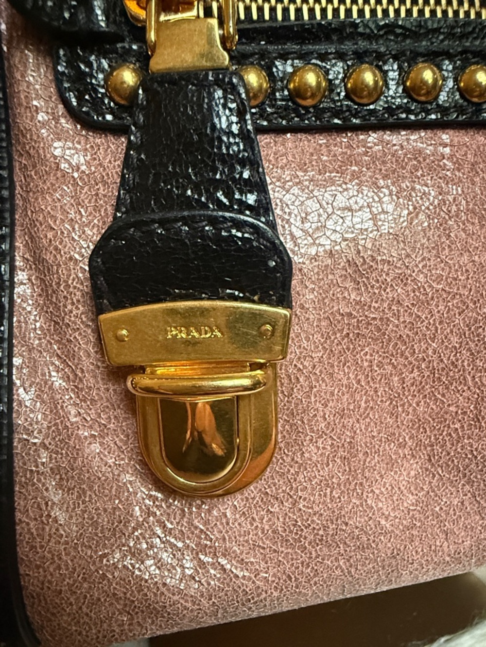 Prada Rose Pink Leather Satchel with Gold Studs and Black Trim & Crossbody Strap - Picture 2 of 10